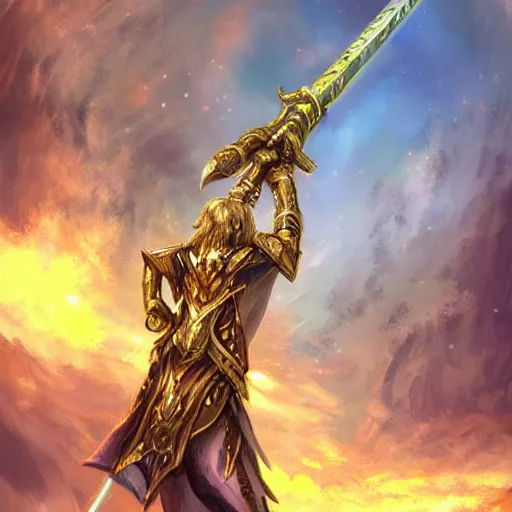 Image similar to an artwork of a giant golden sword, a broad blade sword weapon, epic fantasy style, fantasy epic digital art