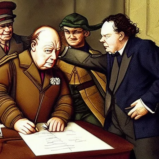 Image similar to Photoreal depiction of Leonardo from TMNT signing a peace treaty with Winston Churchill, in Parliament