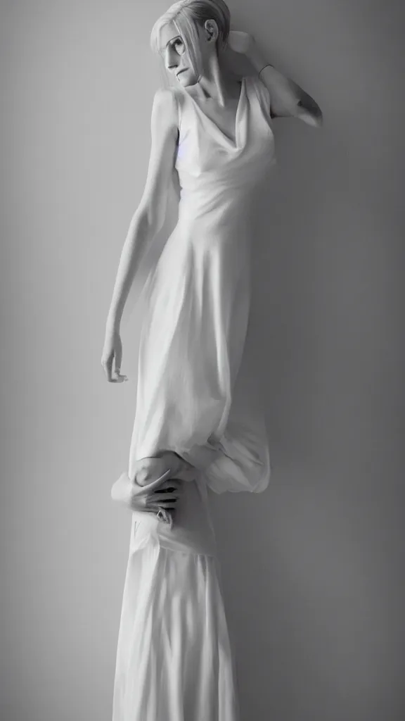 Image similar to photo of gorgeous tall emily skinner cosplaying annie leonhart wearing elegant white dress in a white room, beautiful face, pale skin, rule of thirds, cinematic lighting, rainy weather, melancholy atmosphere, sharp focus, backlit, stunning, smooth, hard focus, full body shot, studio photo, shot on sony a 7 iii, hyper realistic,