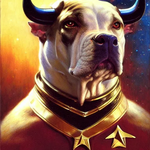 Image similar to a portrait of a bull dogman canine star trek captain. highly detailed painting by gaston bussiere, craig mullins, j. c. leyendecker, furry