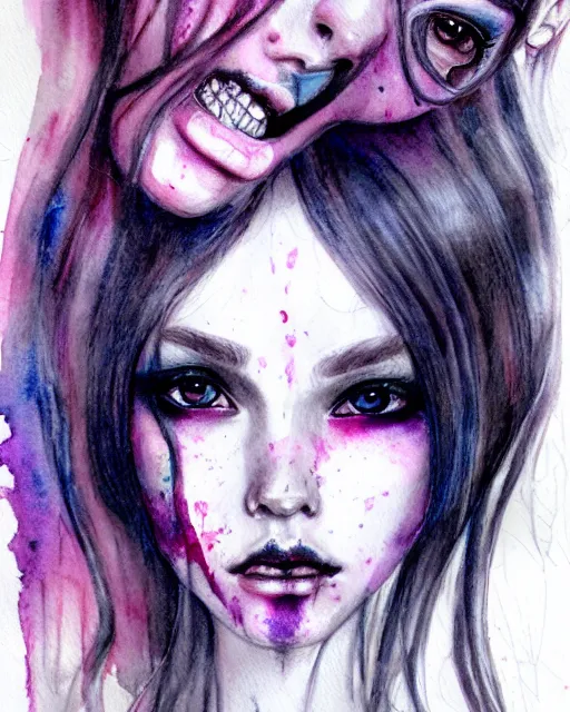 Image similar to pencil portrait with watercolor of a monster high doll, beautiful face, by sabrina eras, alice x. zhang, agnes cecile, blanca alvarez, very detailed