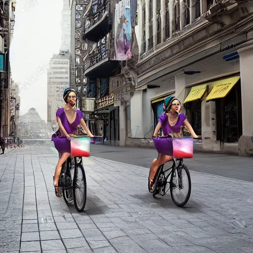 Image similar to two unicorns riding bikes in city streets, photoreal