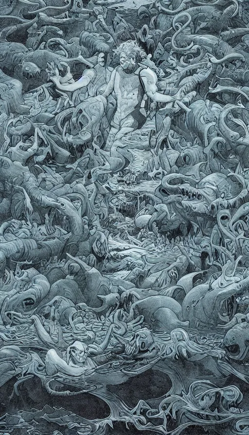 Prompt: man on boat crossing a body of water in hell with creatures in the water, sea of souls, by james jean