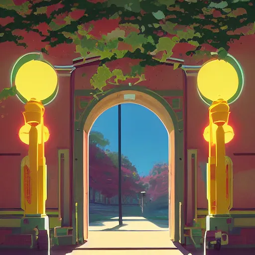 Image similar to a beautiful picture of the entrance of an high school, art by masaaki yuasa, and greg rutkowski, trending on artstation