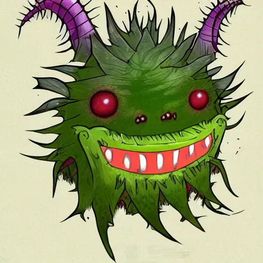 Image similar to Plant thistle monster with wicked smile and amber teeth, green body, digital art style, trending on art station