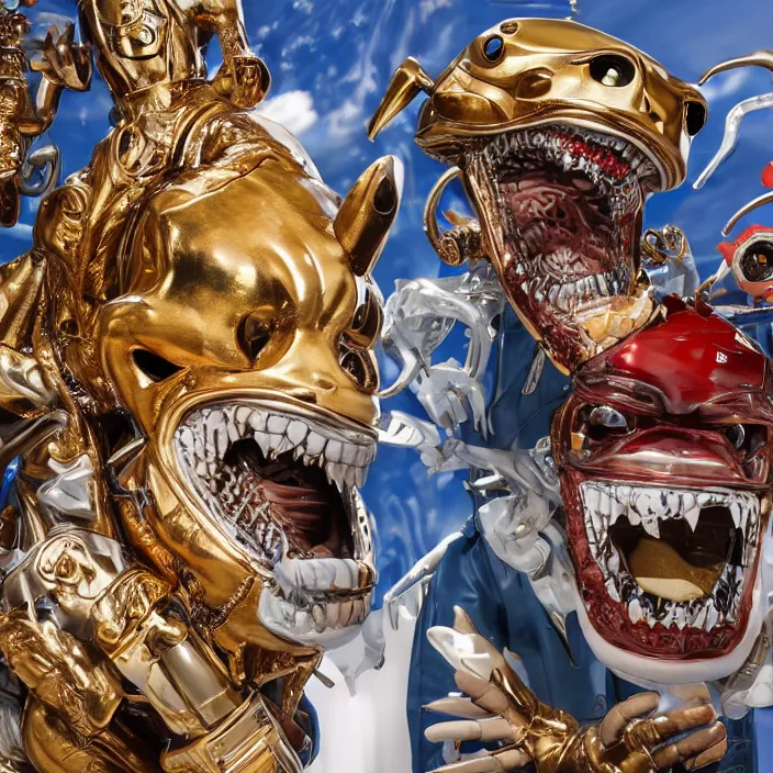 Image similar to jeff koons hip hop style street sharks wearing grillz and a ton of bussdown iced gold bling, ultra realistic, concept art, intricate details, serious, highly detailed, photorealistic, octane render, 8 k, unreal engine, art by todd mcfarlane and artgerm and greg rutkowski and alphonse mucha