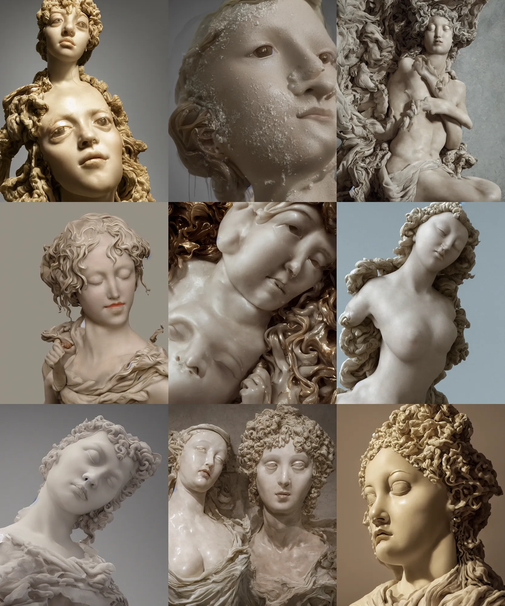 Prompt: the beautiful delicate renaissance wax goddess with melted face, highly detailed melted wax, gi, global illumination, physically based rendering, photorealistic, top light, by Livio Scarpella, Bernini, Urs Fischer, Jin Shan, Mooniq Priem, white background