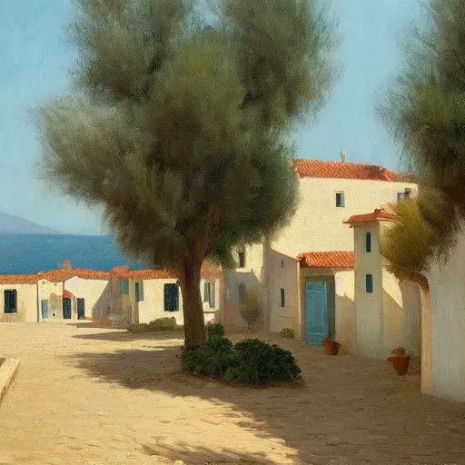 Prompt: a beautiful painting of a mediterranean village in summer by peter ilsted, whitewashed housed, cypress trees, cyan shutters on windows, trending and featured on artstation and behance