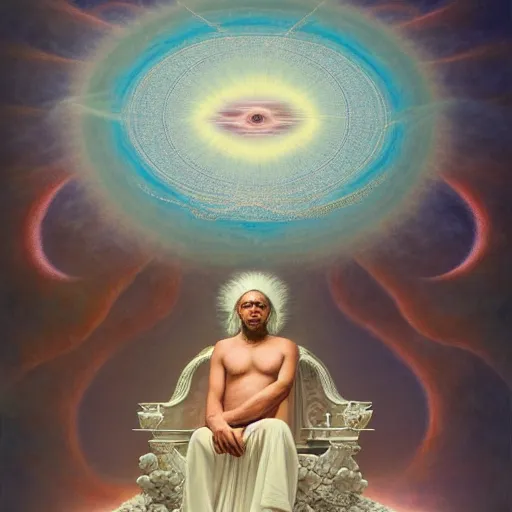 Image similar to obatala the cosmic god sitting on a throne of nebula clouds, by Agostino Arrivabene and amanda sage and alex grey, matte painting, orisha, 8k, hd