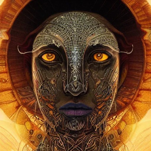 Image similar to beautiful closeup portrait of an art deco shaman, glowing eyes. reflective detailed textures, moth wings, highly detailed dark fantasy science fiction painting by tom bagshaw and michael whelan and diego rivera and annie swynnerton and jean delville, elaborate geometric ornament, ancient runes, silver and cool colors. artstation