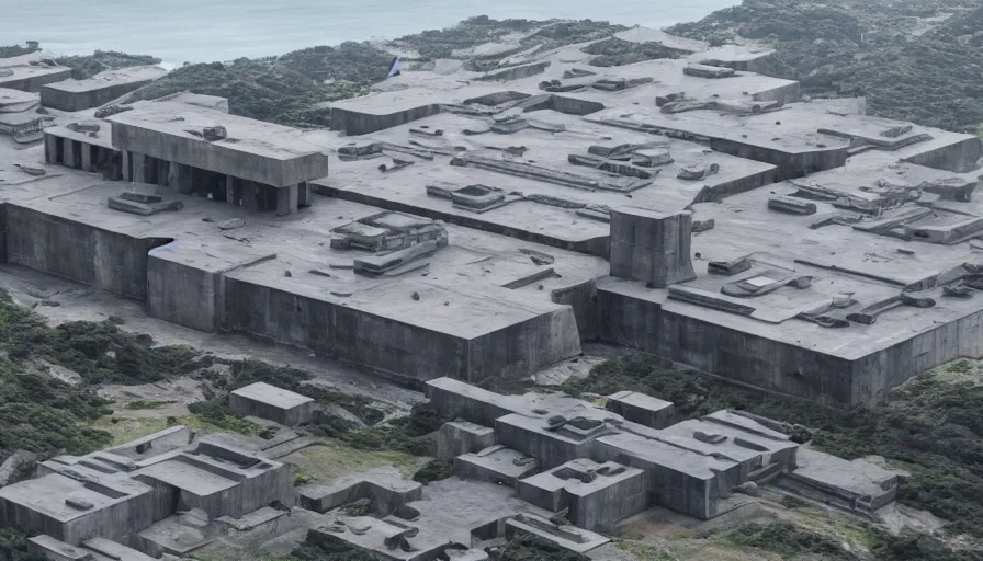 Image similar to big brutalist imperial military base on cliffs, drawing architecture, imperial architecture in rogue one, pritzker architecture prize, brutalism architecture, cinematic shot, by greig fraser, by emmanuel lubezki, robert richardson, hoyte van hoytema, roger deankins, janusz kaminski, alejandro inarritu