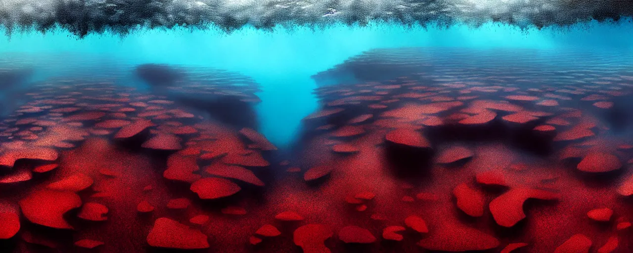 Prompt: A gorgeous detailed oil of a dark red sea covered in big blue steep rocks, a school of piranhas underwater, the further away the mistier it gets, surreal, concept art, dark aesthetic, atmospheric, moody, hyperrealism, highly detailed, masterpiece, award winning, 4k