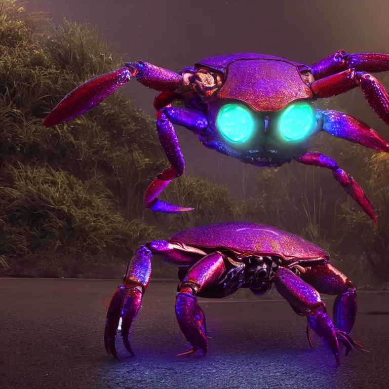 Prompt: vfx portrait shot by weta digital and industrial light and magic ilm, a colorful iridescent crab monster made out of shiny reflective silver metallic chrome with detailed intricate glowing bioluminescence, in the streets of a dark and moody seaside town, heavy fog, octane render, cinema 4 d, ray traced lighting, very short depth of field, bokeh