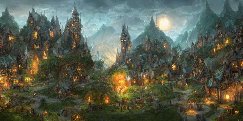 Image similar to high fantasy magical elven town village, gilroy gardens, j. r. r tolkien, lord of the rings, rpg, dungeons and dragons, elden ring, adventure, environment, smooth, sharp focus, deviantart, artstation