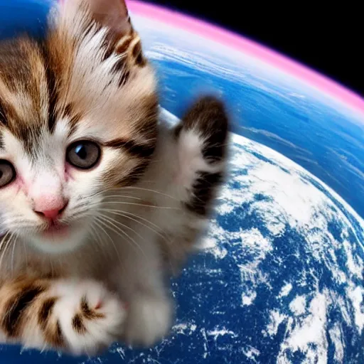 Image similar to a cute kitten riding on a rocket in space