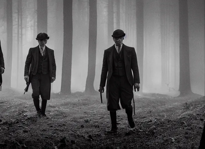 Image similar to an dramatic scene from peaky blinders, medium long shot, filmed in the dark woods, a cabin in the background, leonardo dicaprio and daniel day - lewis, faces covered in shadows, detailed and symmetric faces, black and white, cinematic, epic,