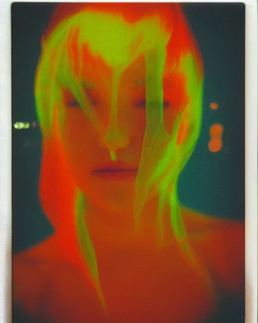 Prompt: a woman's face in the water, serene emotion, new polaroid, glitchy patterns, hazy, red, orange, yellow, soft lighting