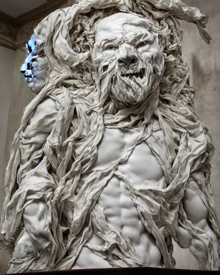 Image similar to Epic view of intricate stained bear-man multiple faces looking backwards using a silver veil statue sculpted on white marble by Antonio Corradini, Bernini and Nicola Samori