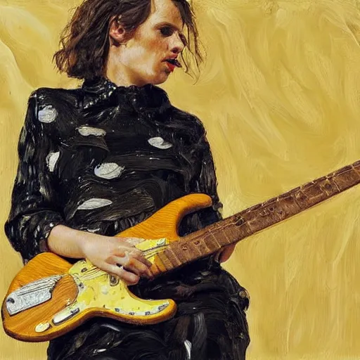 Prompt: Anna Calvi playing electric guitar, oil painting by Lucian Freud