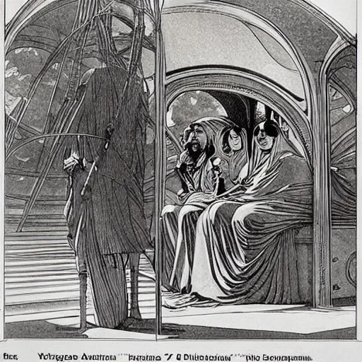 Image similar to artwork by Franklin Booth showing Babylon by bus