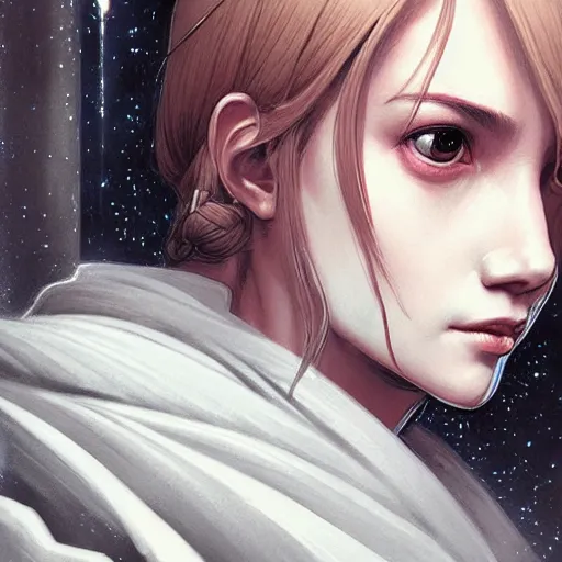 Image similar to one female jedi master, wearing the traditional jedi robe, beautiful and uniquely odd looking, detailed symmetrical close up portrait, intricate complexity, in the style of artgerm and ilya kuvshinov, magic the gathering, star wars art