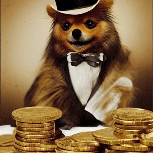 Prompt: a tan pomeranian wearing a top - hat and a monocle and sitting on large pile of featureless gold coins