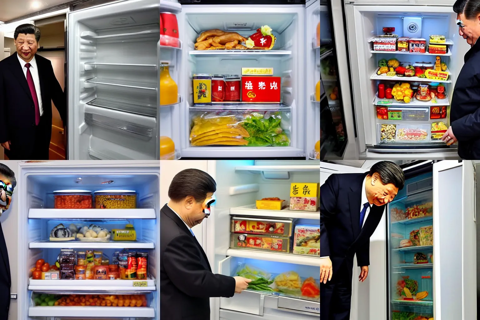 Prompt: xi jinping looking for food in a fridge, camera inside fridge