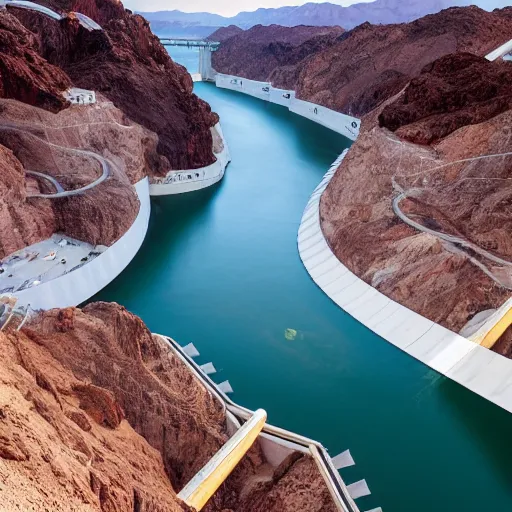 Image similar to looking down at the Hoover Dam and Lake Mead and the Colorado River, the Dam is covered with scaffolding and informal settlements hanging along the sides, windows illuminated, in style of Norman Foster, cinematic lighting, light rays, ultra realistic, photorealistic, volumetric lighting, photography