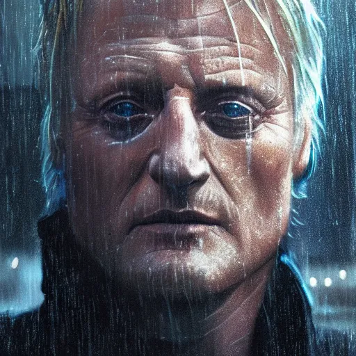 Prompt: cinematic portrait of rutger hauer in blade runner, perfect face, neon rain, moody, elegant, by alyssa monks, highly detailed, symmetrical face, fine details, masterpiece, trending on artstation