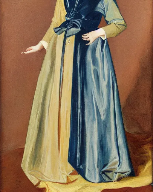 Image similar to an expensive portrait of a poised woman in metallic multicolored long structured robes, high collar, 1 9 1 0 s, muted blue background