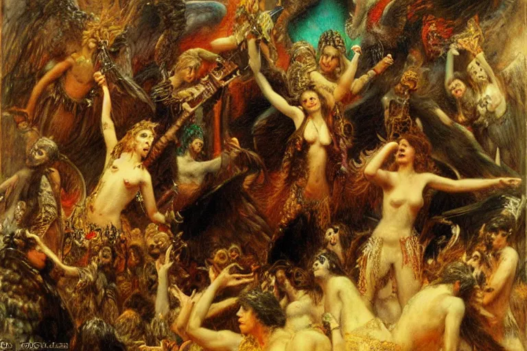 Image similar to punk rock paradise lost, lucifer playing guitar in pandemonium to a crowd of fallen angels. art by gaston bussiere.