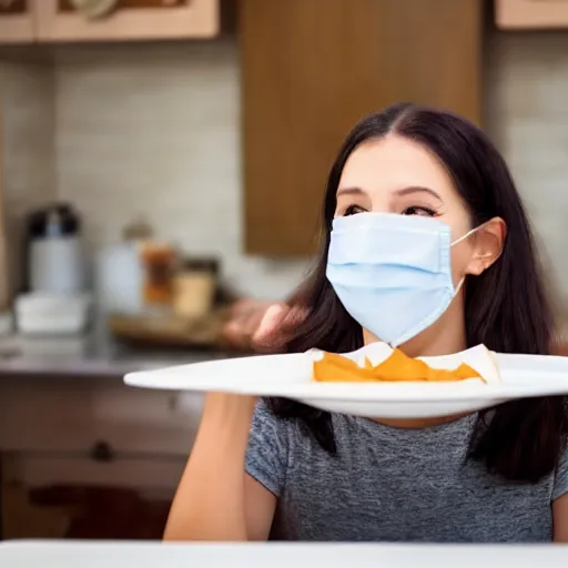 Prompt: woman with a nose mask, eating a plate of soy