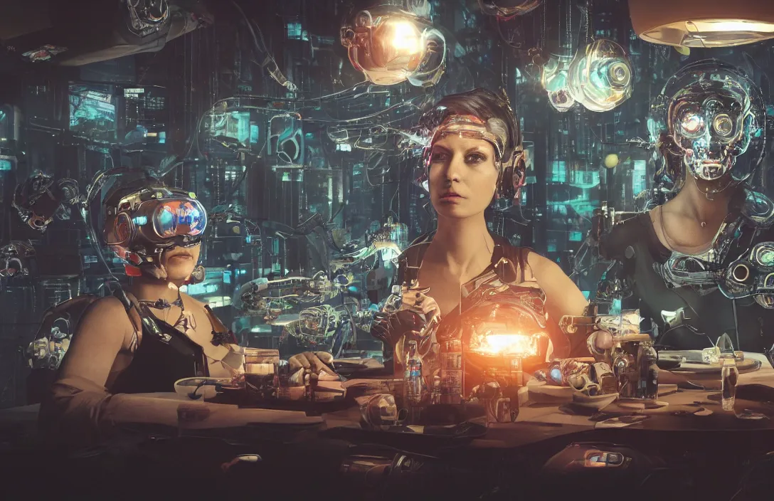 Image similar to mirta legrand's heads floating in a fishbowl with cybernetic tubes in a robot body sitting at the table having lunch with cyborgs in the apocalypse. cyberpunk movie, octane render