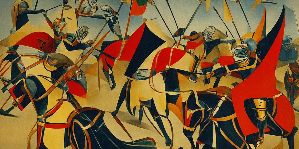 Image similar to italian futurism style painting of medieval knights jousting