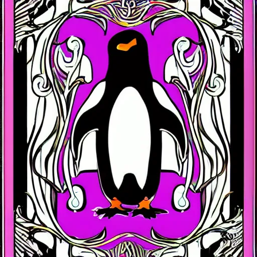 Image similar to powerful penguin in the style of art nouveau. lively. colorful. hd.