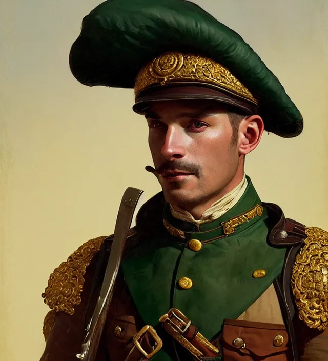 Image similar to portrait of a man wearing a traditional nineteenth century french foreign legion uniform, kepi hat, metal shoulder pauldrons, intricate, highly detailed, digital painting, artstation, concept art, sharp focus, cinematic lighting, illustration, art by artgerm and greg rutkowski, alphonse mucha, cgsociety