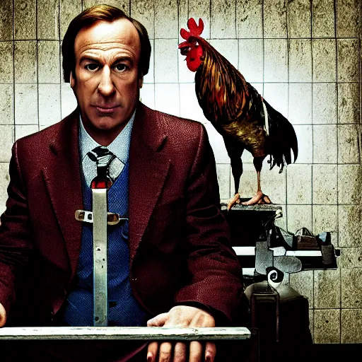 Prompt: saul goodman and a rooster in a saw movie torture chamber, saw movie jigsaw background, saul goodman, rooster, photo