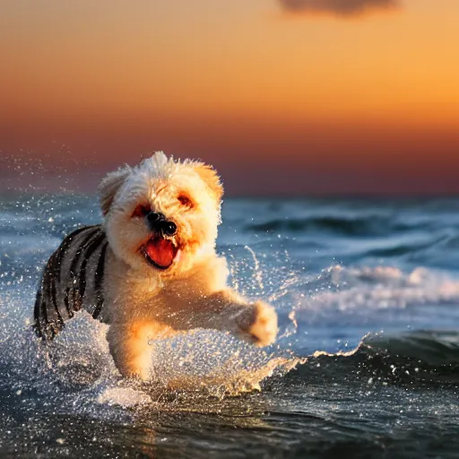 Image similar to a closeup photorealistic photograph of a cute smiling tiger bichon puppy splashing in the surf during sunset. professional capture, well lit shot. this 4 k hd image is trending on artstation, featured on behance, well - rendered, extra crisp, features intricate detail, epic composition and the style of unreal engine.