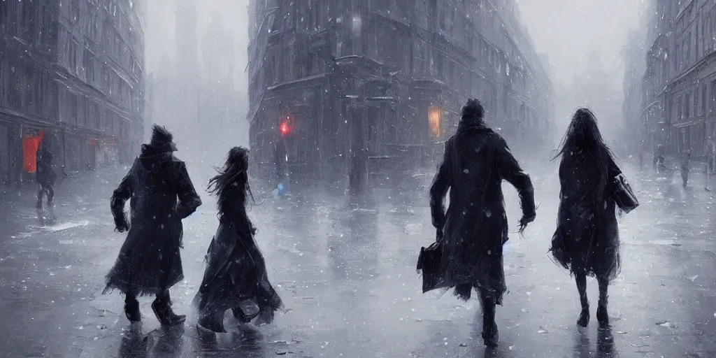 Image similar to two people in the street of london in winters, greg rutkowski style, trending on artstation