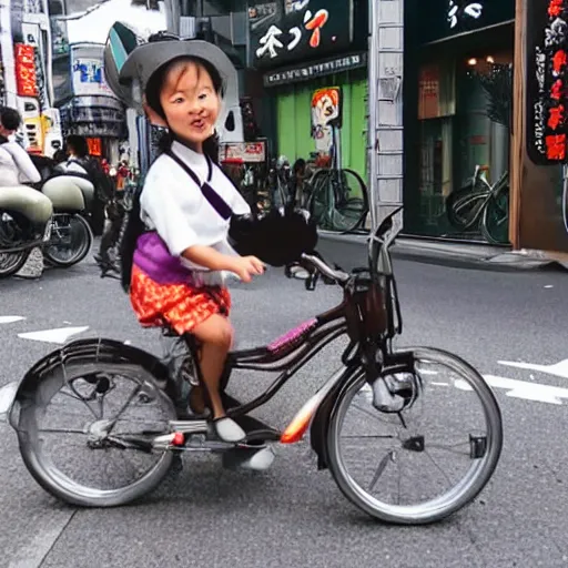 Image similar to tiny little cute dragons riding a bike in the streets of tokyo