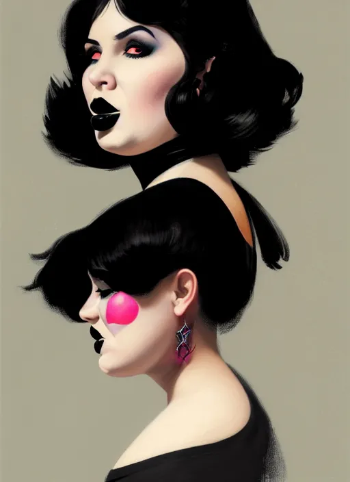 Image similar to portrait of a plump woman with a crooked nose and a confident expression, 1 9 6 0 s, black clothes, goth, punk, brightly coloured hair, funk, intricate, elegant, highly detailed, digital painting, artstation, concept art, smooth, sharp focus, illustration, art by wlop, mars ravelo and greg rutkowski