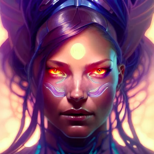 Image similar to cyborg, female, fantasy, bioluminiscence, flowing hair, portrait, highly detailed, digital painting, beautiful eyes, symmetry, concept art, sharp focus, illustration, art by artgerm and greg rutkowski and magali villeneuve and ilya kuvshinov! : : alphonse mucha : : - 0. 2