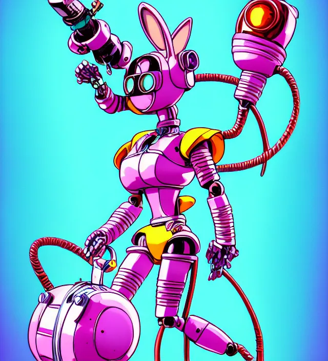 Prompt: retrowave robot rabbit girl, carrying eletro - whip, animation character design by akira toriyama, don bluth, jack kirby, alex toth, capcom, action - adventure, sharp detail, artstation trending, conceptart. com