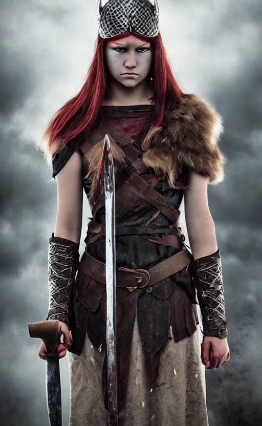 Image similar to photorealistic photograph of beautiful female teen viking warrior with large angry eyes, bloody, cinematic,
