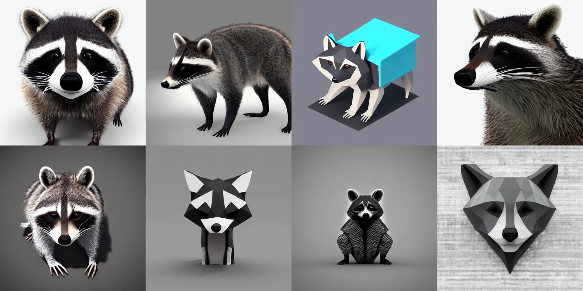 Image similar to low polygon render of a raccoon on a white background, isometric 3 d, ultra hd