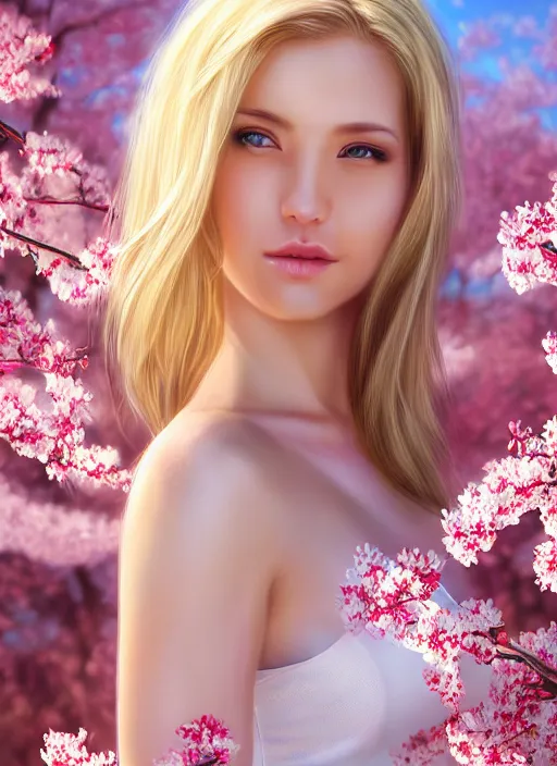 Image similar to photo of a gorgeous blonde female in the style of stefan kostic, realistic, half body shot, sharp focus, 8 k high definition, insanely detailed, intricate, elegant, art by stanley lau and artgerm, extreme blur cherry blossoms background