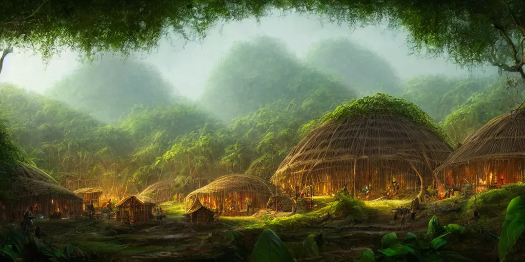 Prompt: a clearing in the jungle reveals a village full of merchant tents and mushroom huts, matte oil painting, science fantasy, retrofuturistic, biblical, rpg, queer, pride, epic, extremely detailed, sharp focus, 4 k