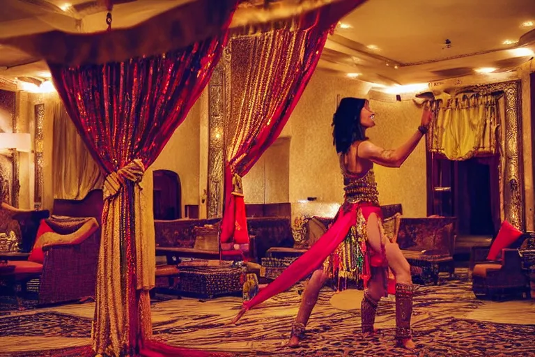 Image similar to cinematography belly dancers in decadent Hotel in India by Emmanuel Lubezki