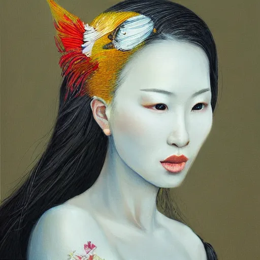Image similar to a painting of a woman with a bird on her head by li di, featured on cgsociety, fantasy art, made of feathers, detailed painting, whimsical