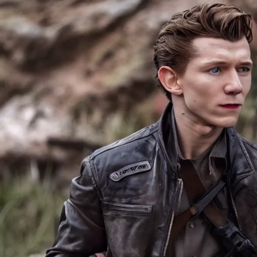 Image similar to film still of tom holland as maverick in too gun